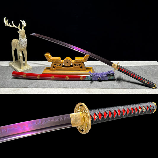 1095 Steel Special Clay Tempered, Burning Blade, Real Samurai Sword, Japanese Katana, Purple Blade, Full Tang