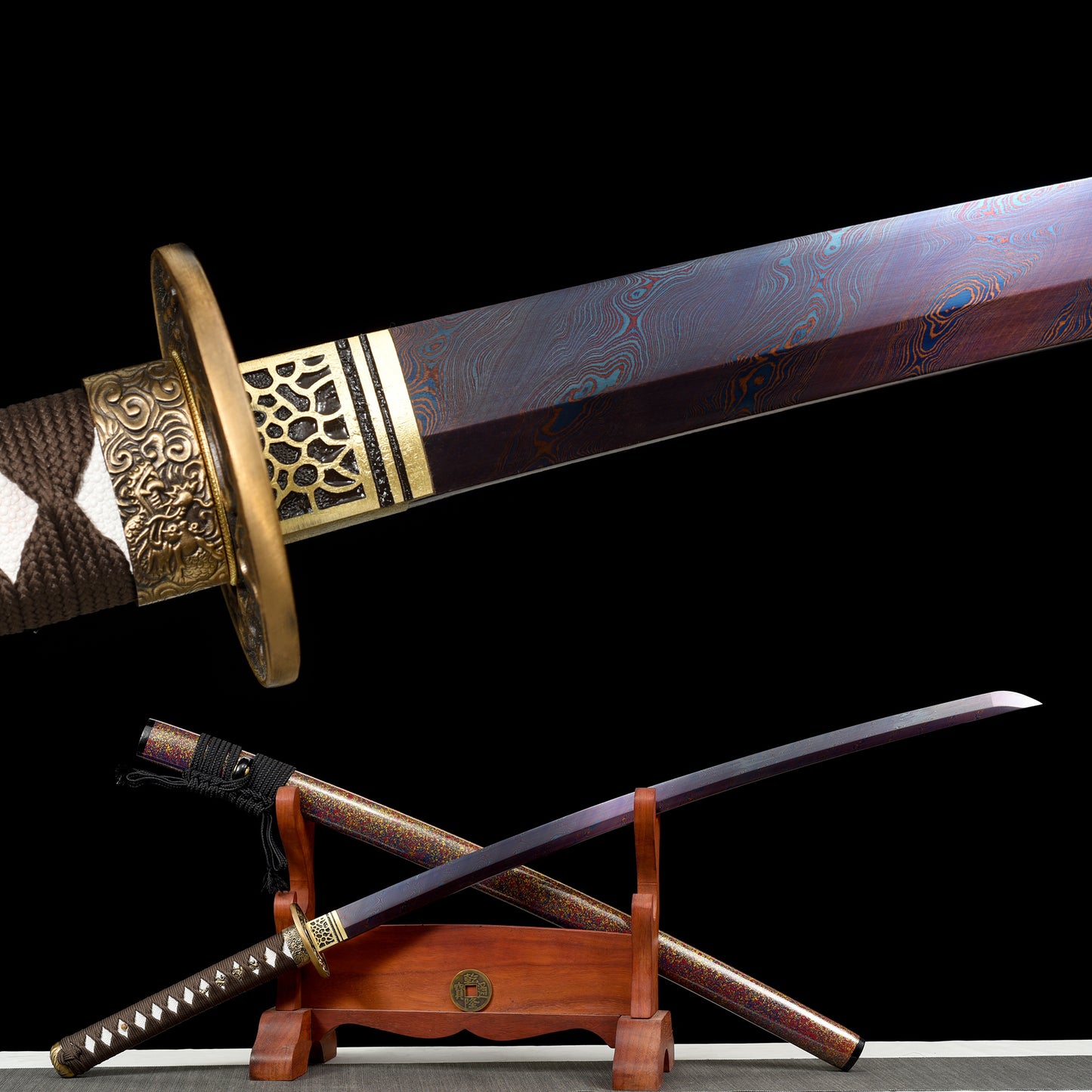 Metal Craft, High Performance, Damascus Steel, Roasted Red, Handmade, Real Samurai Sword, Full Tang