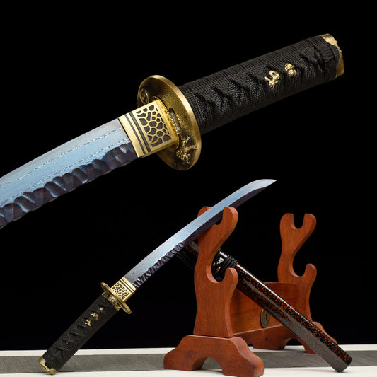 Metal crafts, handmade tanto, damarsteel steel, hand forged, full tang samurai sword, blue blade