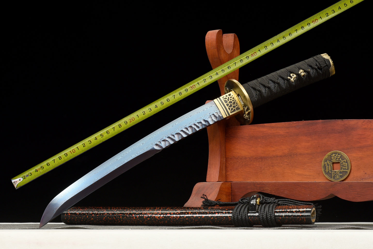 Metal crafts, handmade tanto, damarsteel steel, hand forged, full tang samurai sword, blue blade