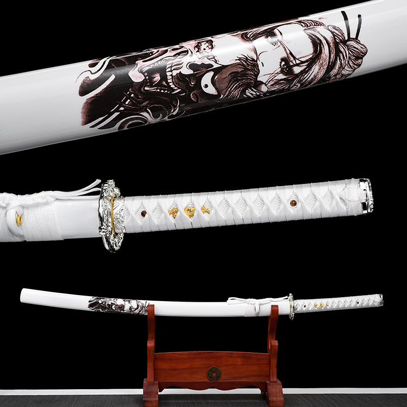 Metal crafts, collectibles, 1095 steel, white scabbard, handmade katana, real japanese katana, full tang, long katana