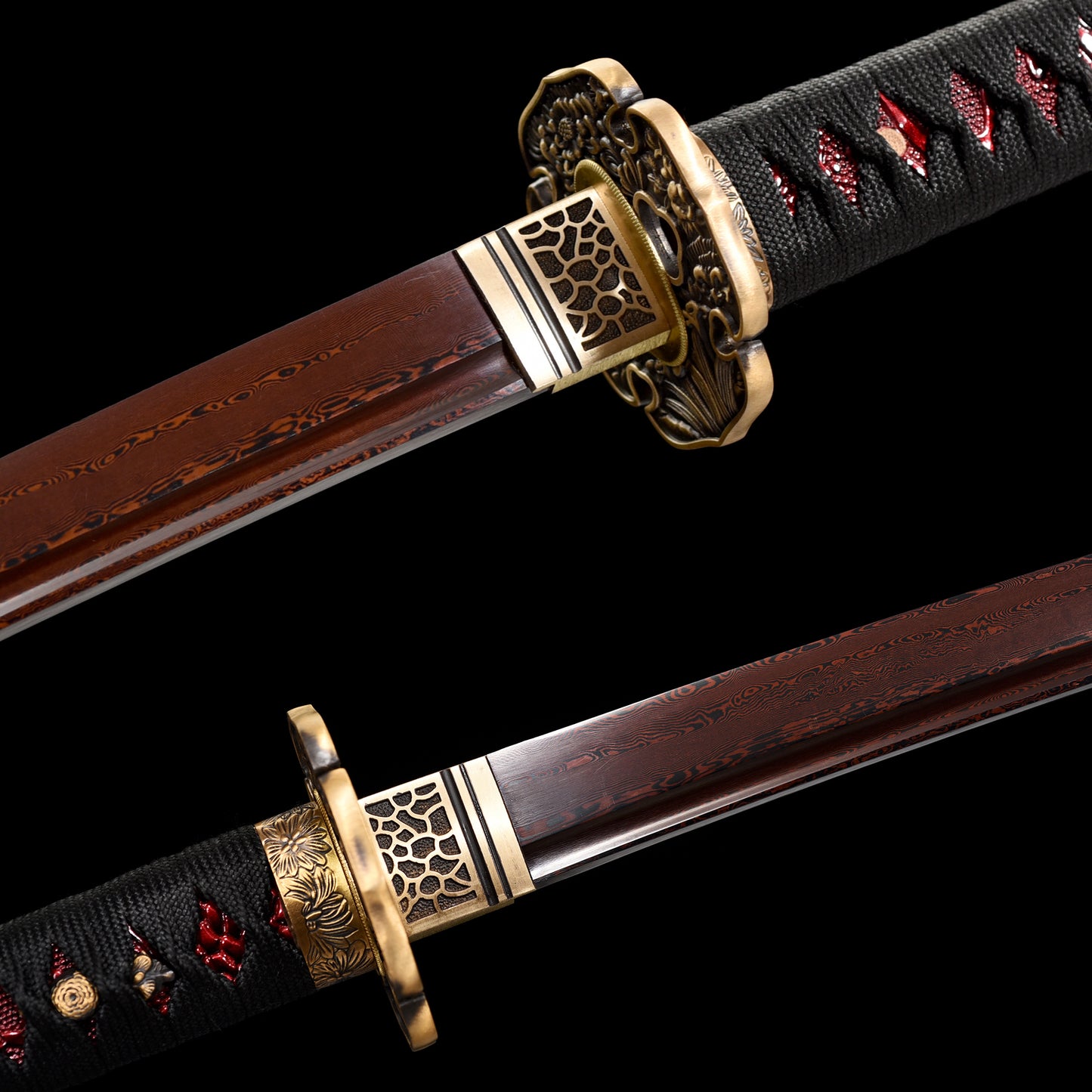 metal crafts, collectibles, Damascus steel, handmade katana swords, red blades, full tang