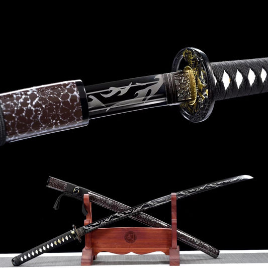 Metal crafts, collectibles, high manganese steel baked black, engraving, handmade samurai swords, full Tang